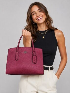 Ladies Coach Charlie 28 Pebbled Leather Tote Bag in Metallic Berry